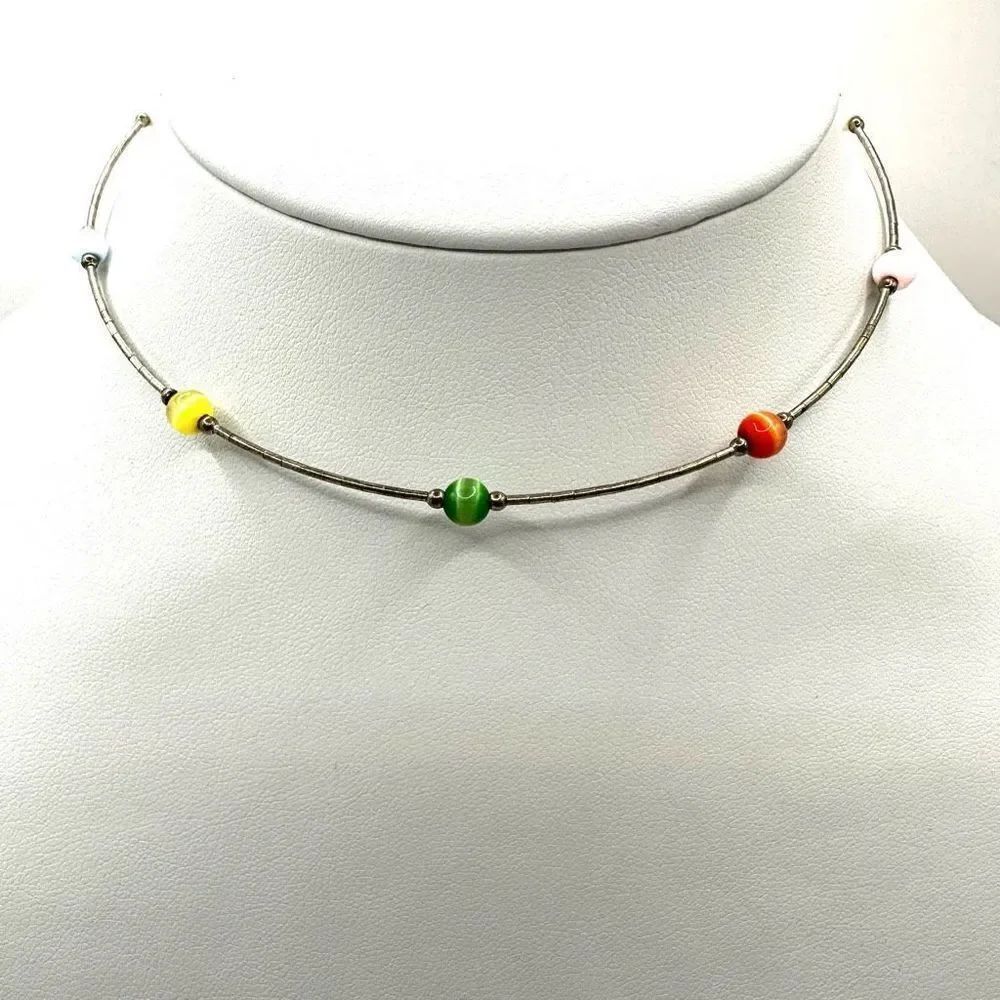 Silver tone colorful cats eye choker necklace